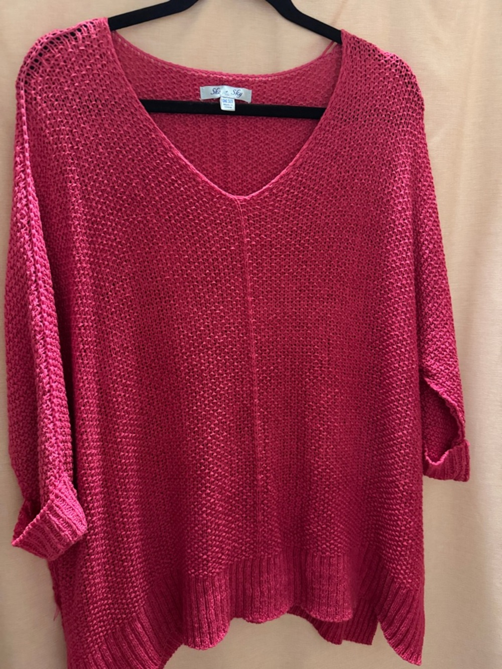 She + Sky Raspberry V-Neck Open Knit Sweater